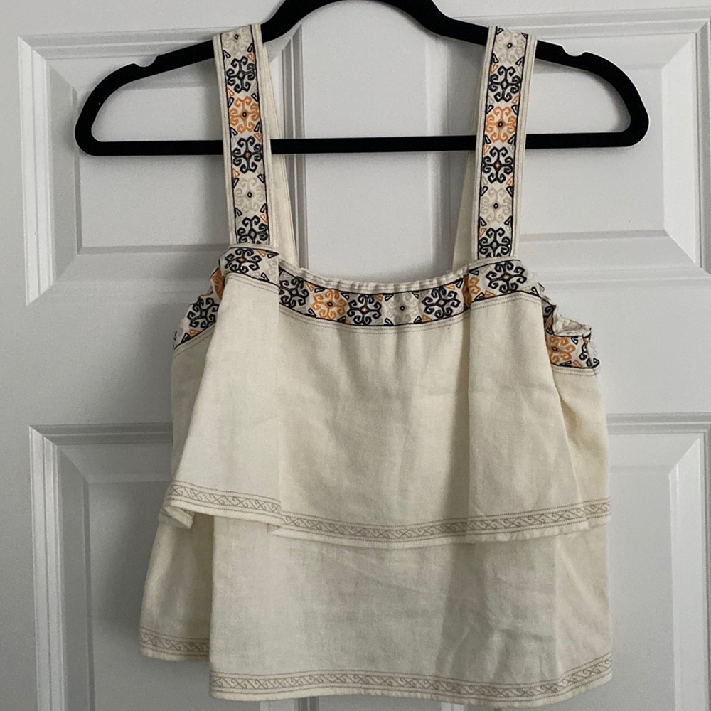 Madewell linen top with beautiful detailing on shoulder straps and neck line